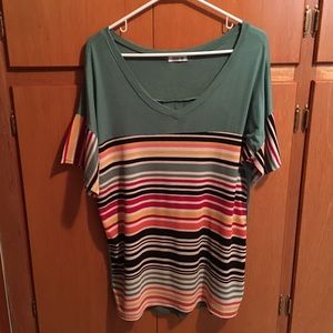 Short-sleeve V-neck top, green with stripes size M